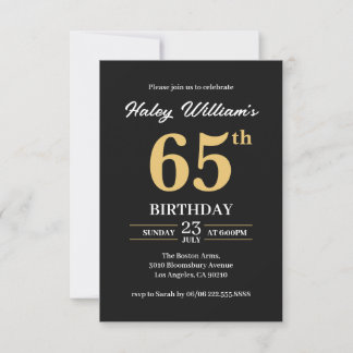 Black Gold Minimalist Modern Simple 65th Birthday Invitation