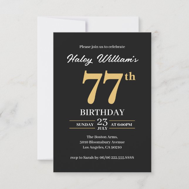 Black Gold Minimalist Modern Simple 77th Birthday Invitation (Front)