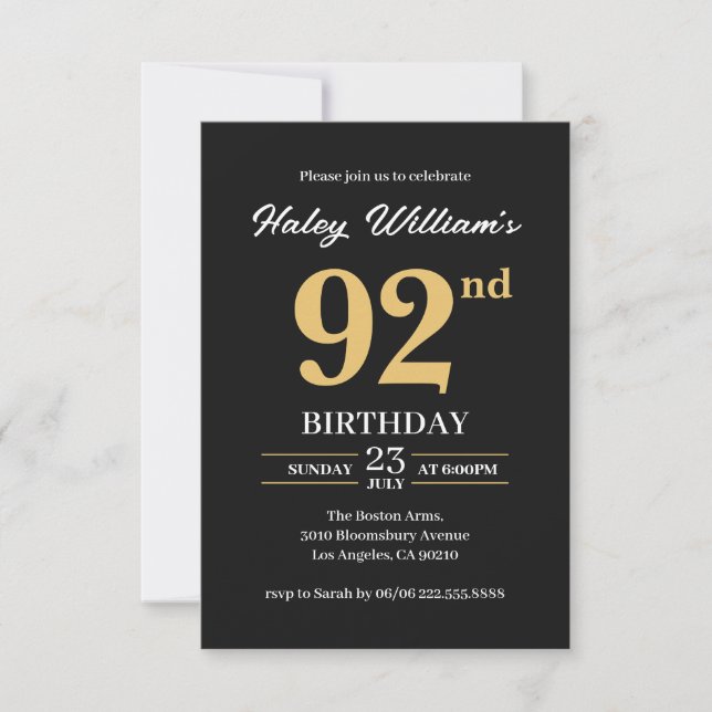 Black Gold Minimalist Modern Simple 92nd Birthday Invitation (Front)