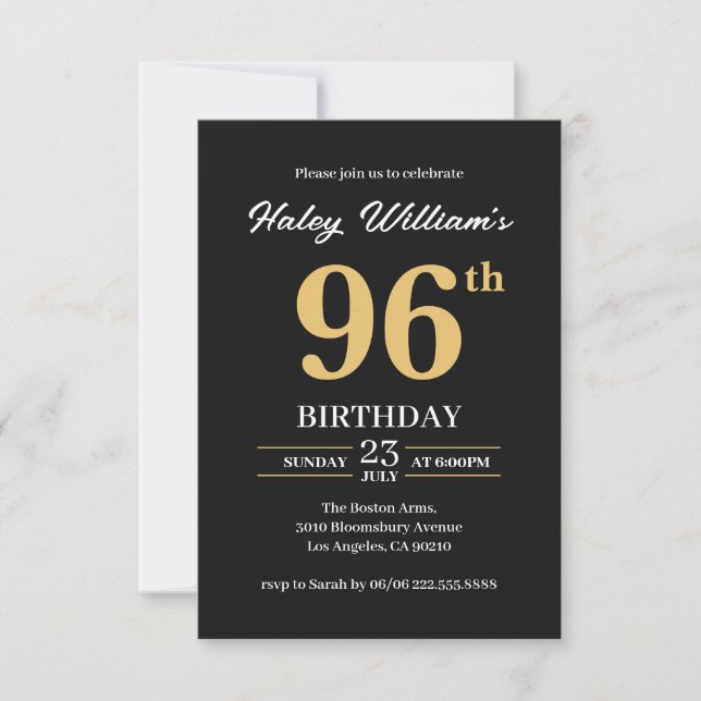 Black Gold Minimalist Modern Simple 96th Birthday Invitation (Front)
