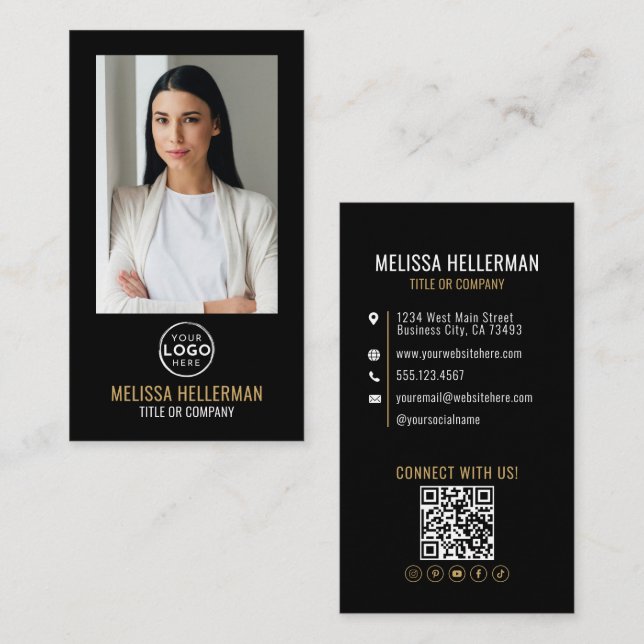 Black Gold Minimalist Photo QR Code Logo Business Card (Front/Back)