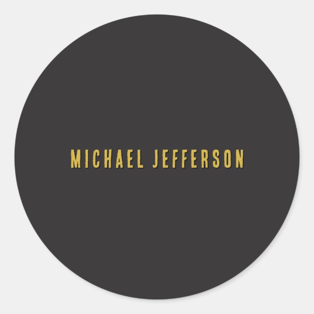 Black & Gold Minimalist Plain Modern Own Name Classic Round Sticker (Front)