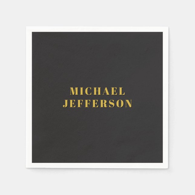 Black & Gold Minimalist Plain Modern Own Name Napkins (Front)