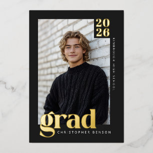 Black Gold Modern 4 Photo Graduation Foil Invitation