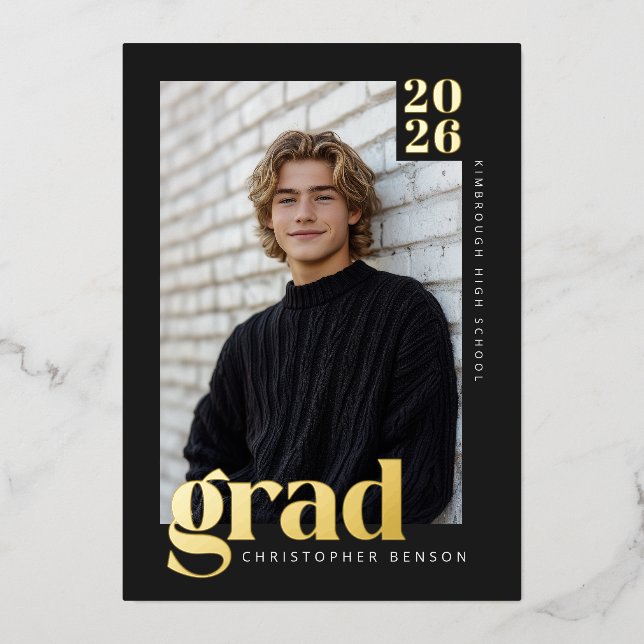 Black Gold Modern 4 Photo Graduation Foil Invitation (Front)