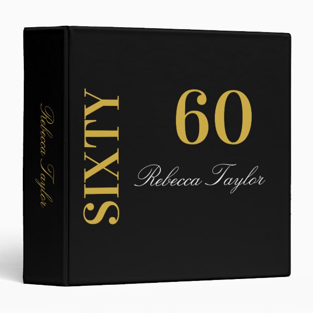 Black & Gold Modern 60th Birthday Personalised  3 Ring Binder (Front/Spine)