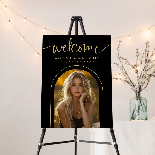 Black Gold Modern Arch Photo Grad Party Welcome Foam Board (In Situ (Stand))