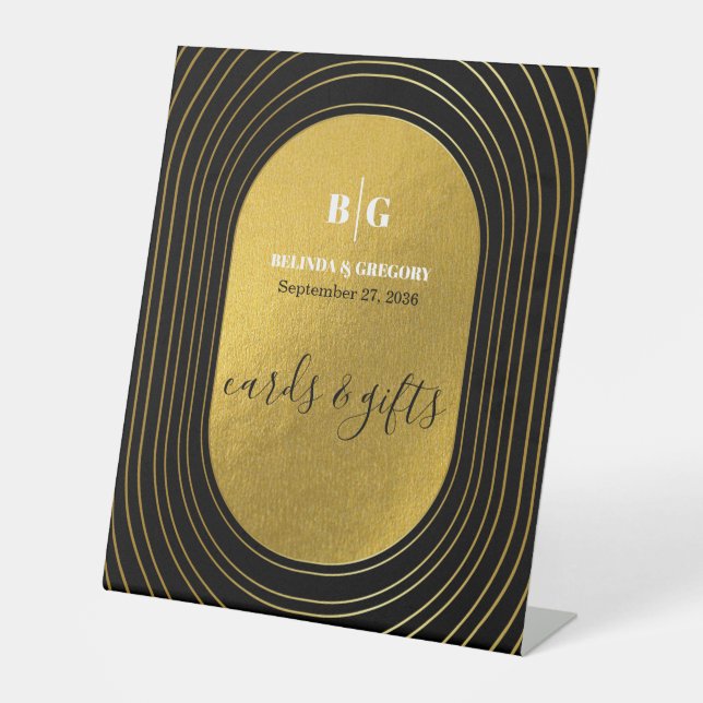 Black & Gold Modern Arch Wedding Cards & Gifts Pedestal Sign (Front)