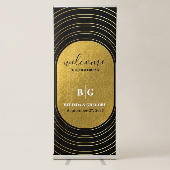 Black & Gold Modern Arch Wedding Welcome Sign (Front)