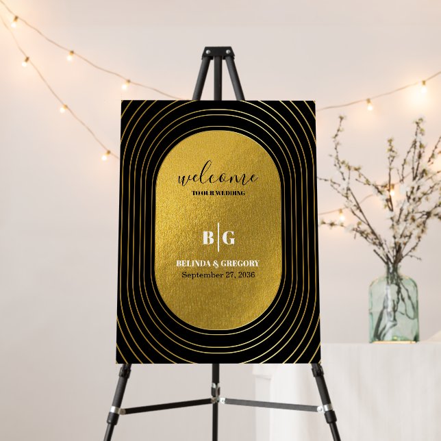 Black & Gold Modern Arch Wedding Welcome Sign (In Situ (Stand))