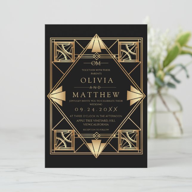 Black & Gold Modern Art Deco Wedding Invitation  (Standing Front)