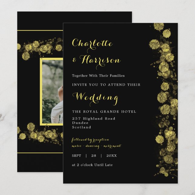 Black Gold Modern Artistic Photo Invitation (Front/Back)