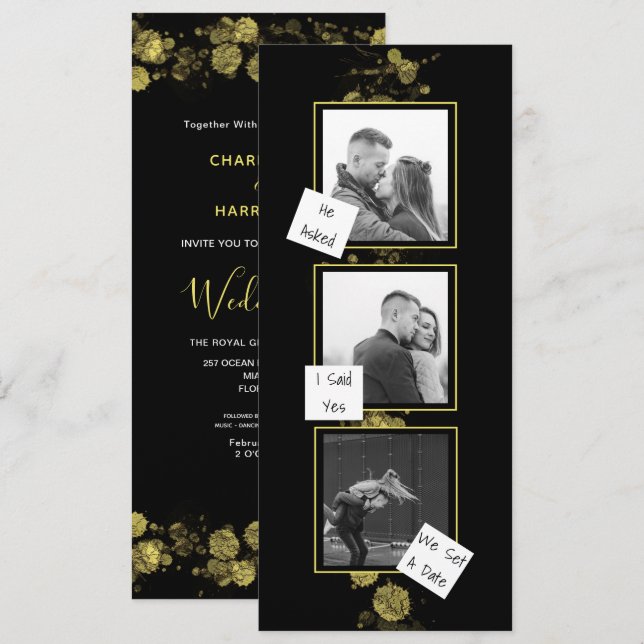 Black Gold Modern Artistic Photo Strip Invitation (Front/Back)