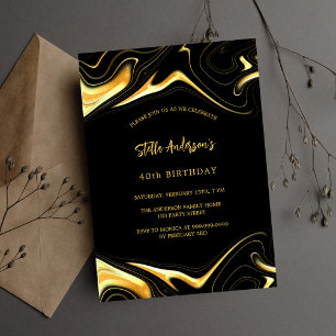 Black gold modern birthday invitation postcard