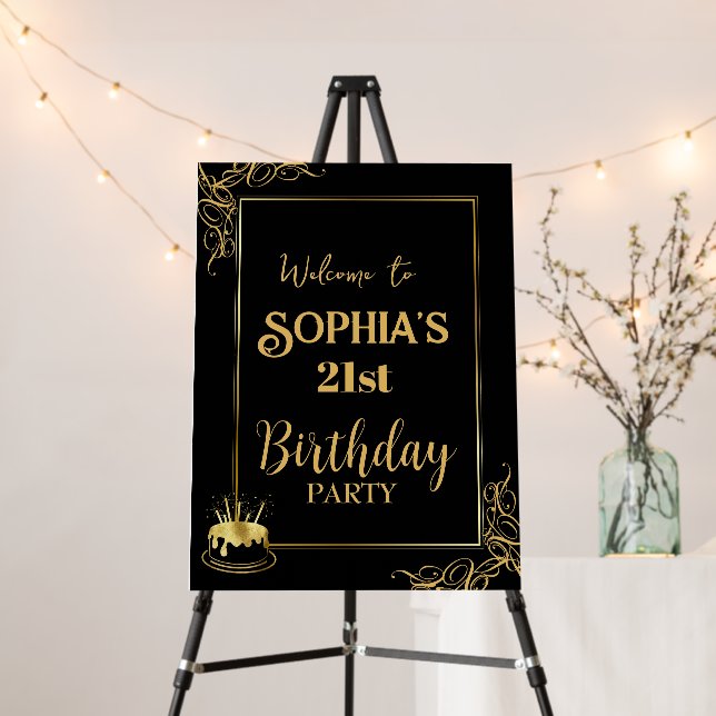 Black & Gold Modern Birthday Party Welcome Sign (In Situ (Stand))