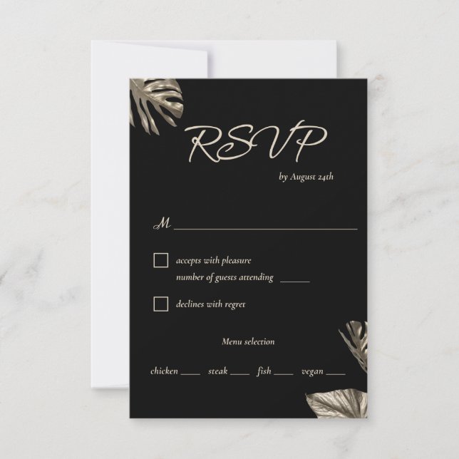 Black & Gold Modern Botanical Wedding with Meal RSVP Card (Front)