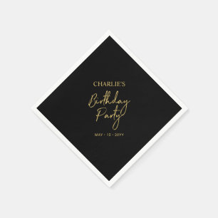 Black & Gold Modern Brush Script Birthday Party Napkins