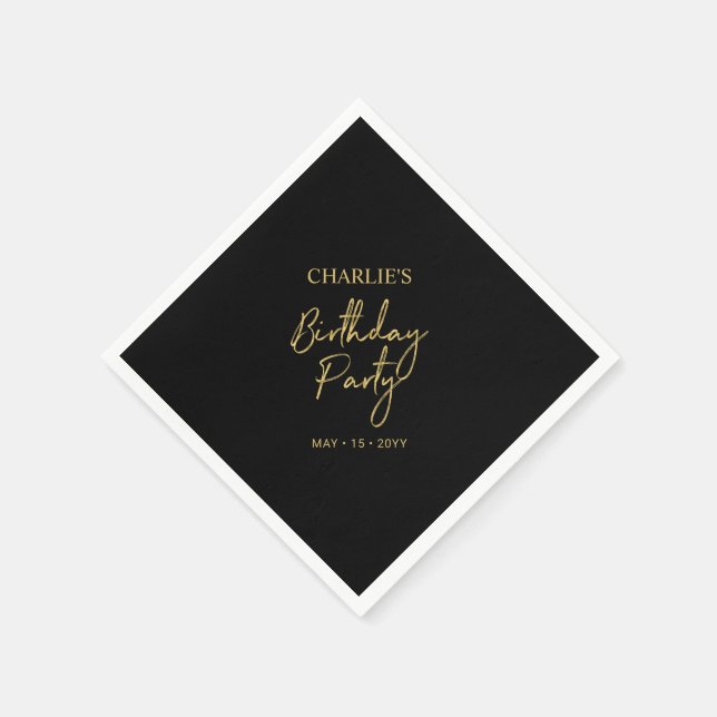 Black & Gold Modern Brush Script Birthday Party Napkins (Corner)