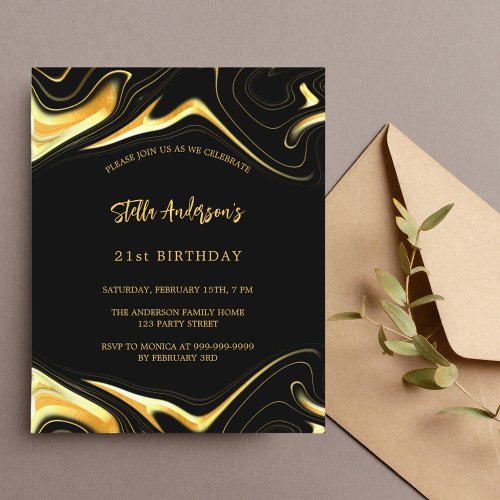 Black gold modern budget birthday invitation flyer