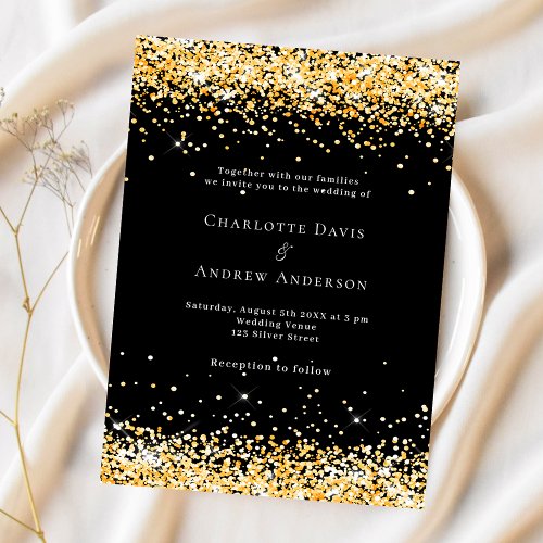 Black gold modern budget wedding invitation
