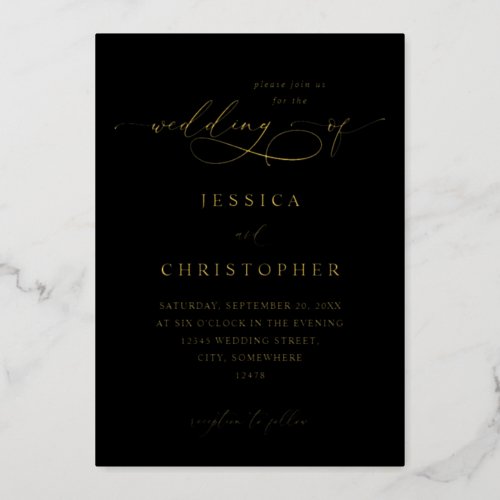 Black  Gold Modern Calligraphy 3 Wedding Foil Invitation