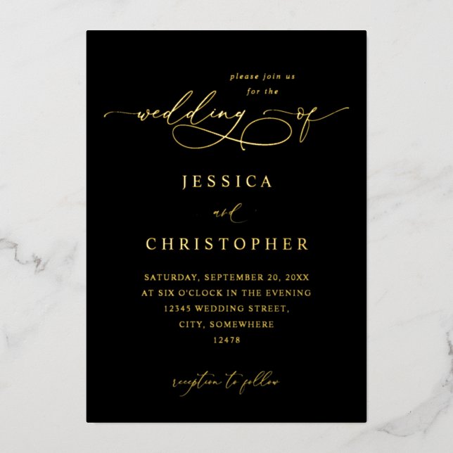 Black & Gold Modern Calligraphy 3 Wedding Foil Invitation (Front)