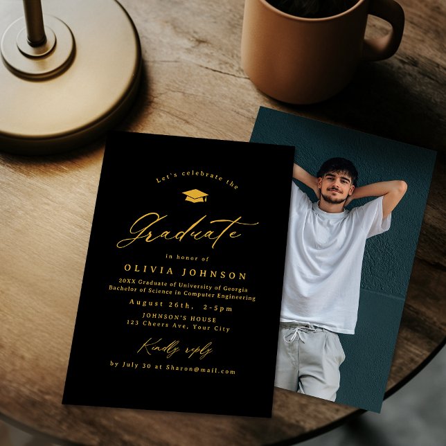 Black Gold Modern Calligraphy Photo Graduation Invitation (Black Gold Modern Calligraphy Photo Graduation Invitation)