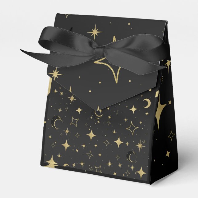 Black & Gold Modern Celestial Moon Stars Wedding Favor Boxes (Front Side)