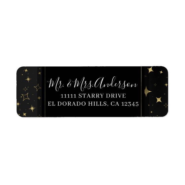 Black & Gold Modern Celestial Moon Stars Wedding Label (Front)