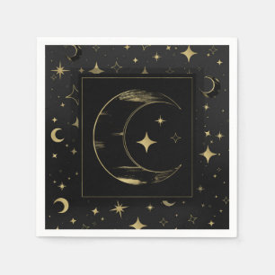 Black & Gold Modern Celestial Moon Stars Wedding Napkins