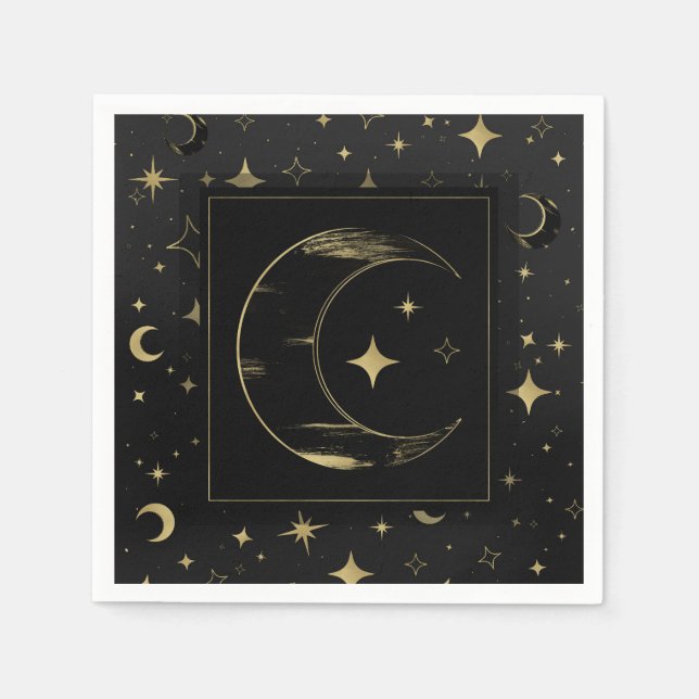 Black & Gold Modern Celestial Moon Stars Wedding Napkins (Front)