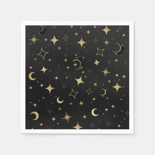 Black & Gold Modern Celestial Moon Stars Wedding Napkins