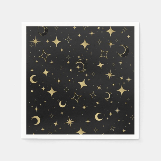Black & Gold Modern Celestial Moon Stars Wedding Napkins (Front)