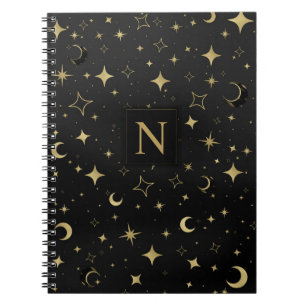 Black & Gold Modern Celestial Moon Stars Wedding Notebook