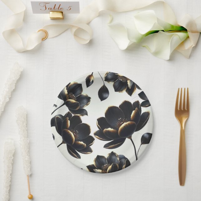 Black & Gold Modern Celestial Moon Stars Wedding Paper Plates (Wedding)