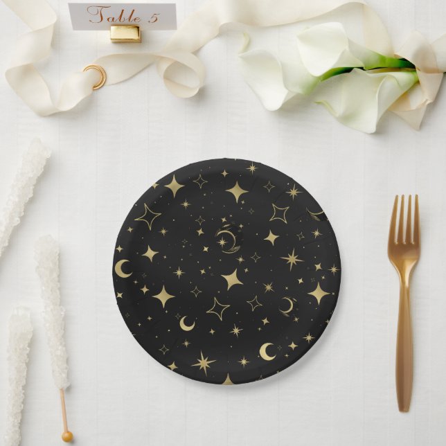 Black & Gold Modern Celestial Moon Stars Wedding Paper Plates (Wedding)