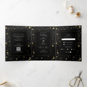 Black & Gold Modern Celestial Moon Stars Wedding Tri-Fold Invitation