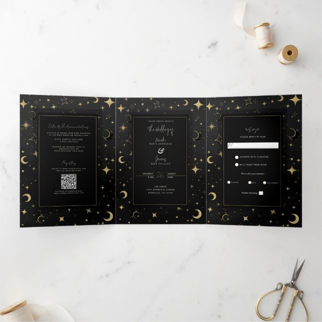 Black & Gold Modern Celestial Moon Stars Wedding Tri-Fold Invitation (Inside)
