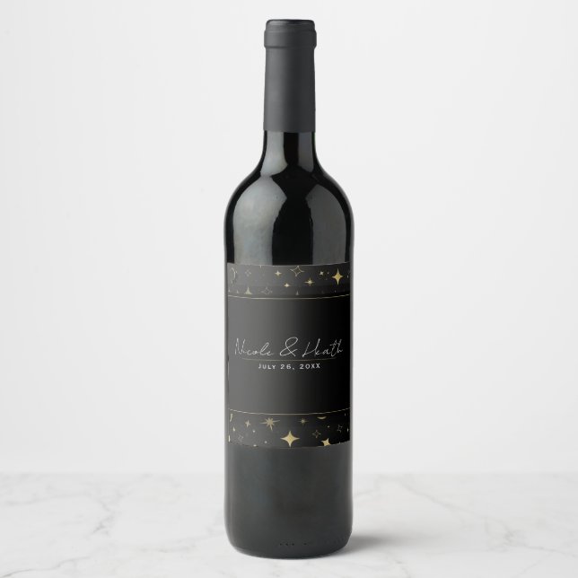 Black & Gold Modern Celestial Moon Stars Wedding Wine Label (Front)