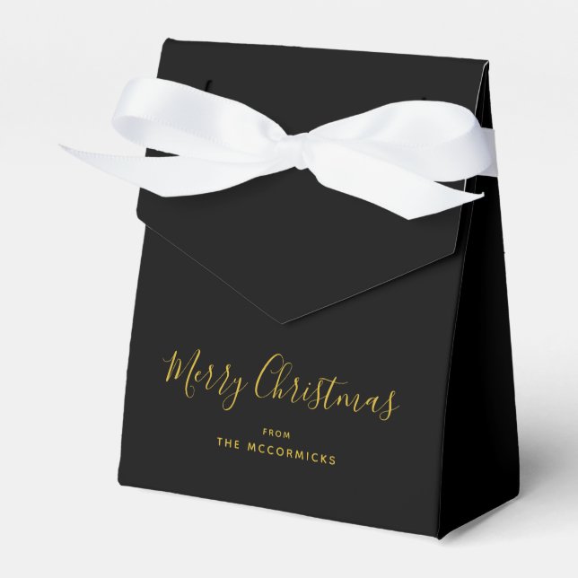 Black Gold Modern Christmas Script Personalized Favor Boxes (Front Side)