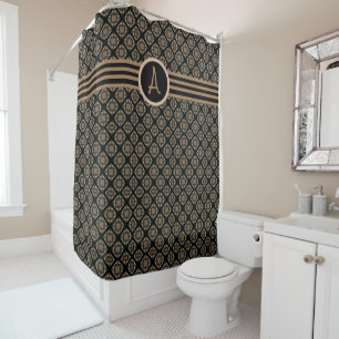 Black & Gold Modern Classic Monogram Pattern Shower Curtain