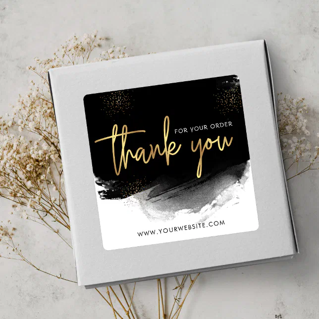 Black & Gold Modern Custom Business Thank You Square Sticker | Zazzle