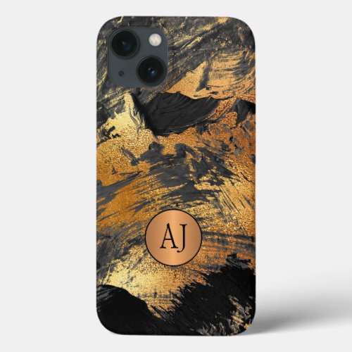 Black gold modern elegant abstract monogrammed iPhone 13 case