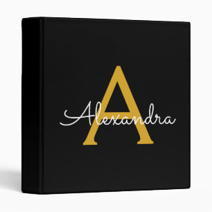 Black Gold Modern Elegant Girly Monogram Name 3 Ring Binder