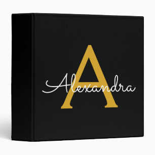 Black Gold Modern Elegant Girly Monogram Name 3 Ring Binder