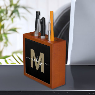 Black Gold Modern Elegant Script Name Monogram Desk Organizer