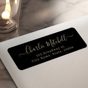 Black Gold Modern elegant script return address Label