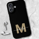 Black Gold Modern Feminine Script Name Monogram iPhone 16 Case<br><div class="desc">Personalized Gold and Black Script Initial Monogram Phone Case. Add a touch of luxury and elegance to your phone with this personalized phone case. Featuring a sleek black background, a bold gold initial (note: the gold is a flat color with no shimmer), and a flowing white script name, this design...</div>