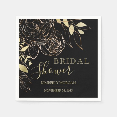 Black  Gold Modern Floral Bridal Shower Napkins