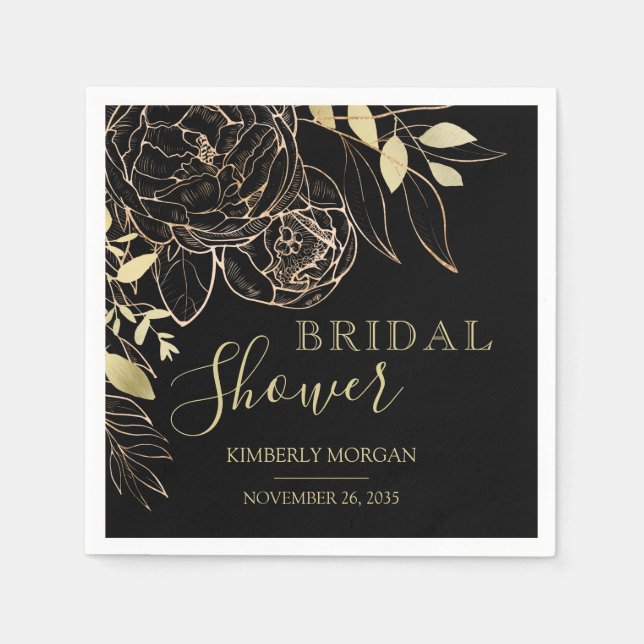 Black & Gold Modern Floral Bridal Shower Napkins (Front)